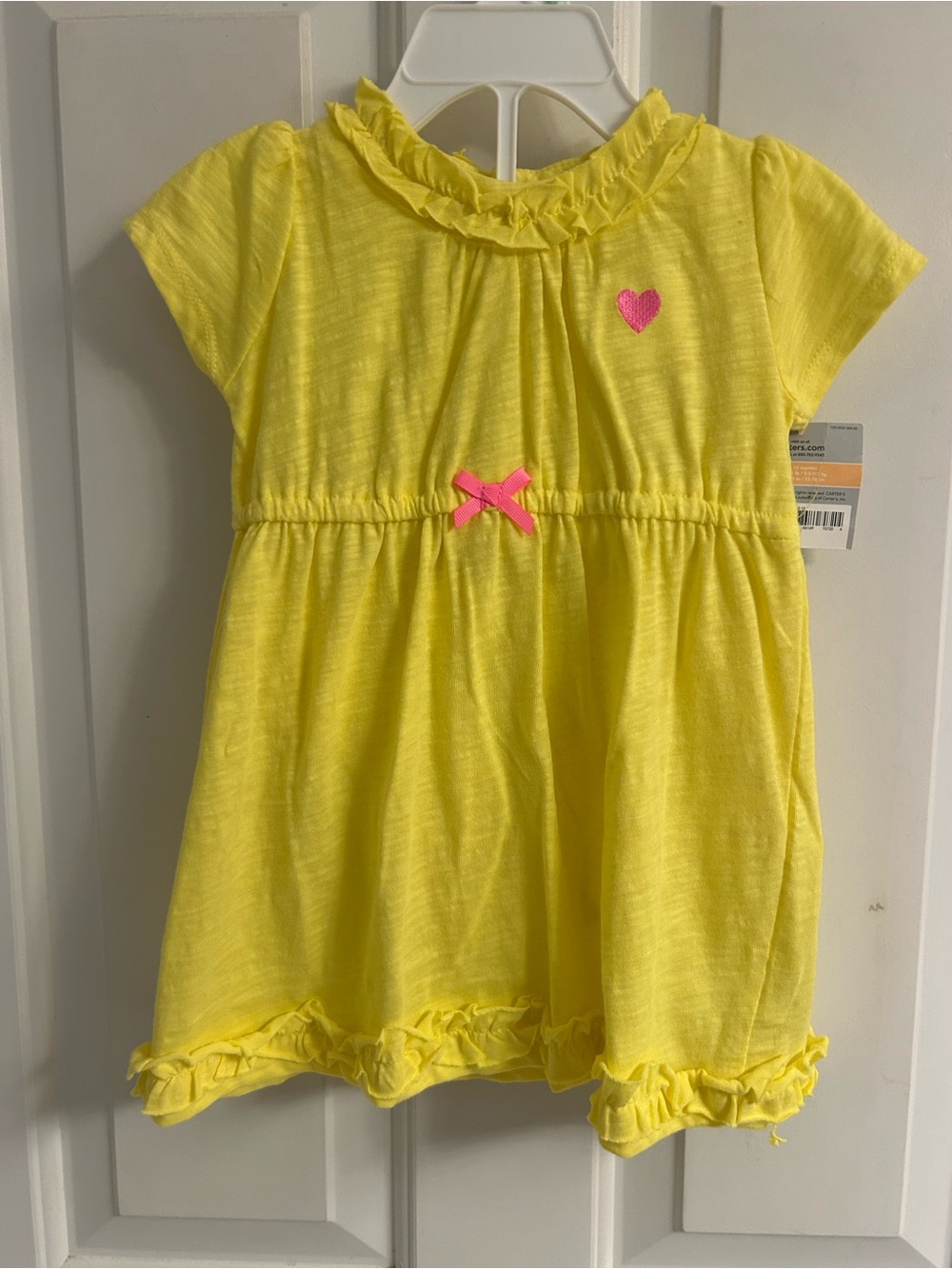 NWT-Girls' Carter’s Yellow Ruffle Neck Dress with Pink Heart Accent